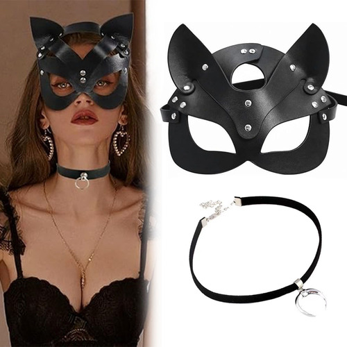 Máscara Orejas Gato Antifaz Cosplay Sexy Para Mujer+collar
