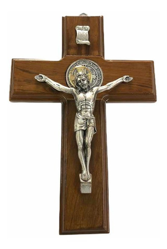 Crucifijo San Benito En Madera De Olivo Y Acero Italy 28cm