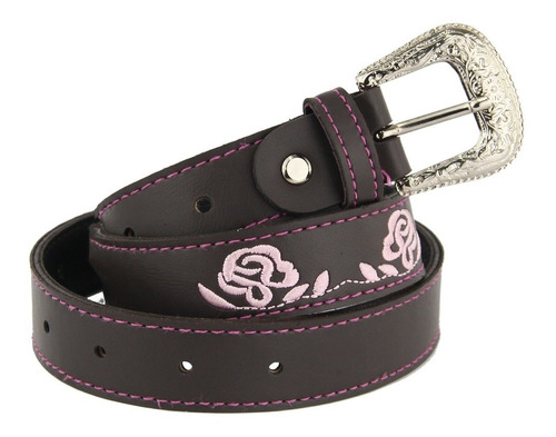 Cinto Country Infantil De Couro Bordado Rosa Fivel De Metal