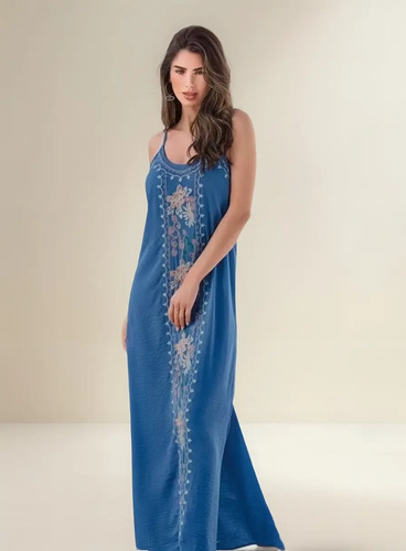 Hermoso Vestido Color Azul, Bordado Floral Sin Mangas 972-75