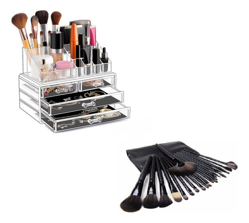 Organizador Acrilico Maquillaje Grande Y Brochas 24 Piezas