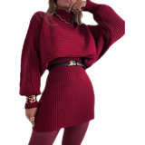 Conjunto Feminino Tricot Saia E Blusa Gola Vermelho Cherry