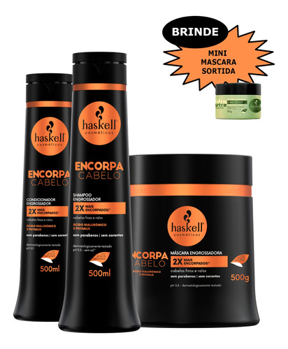 Kit Haskell Encorpa Cabelo Shamp+cond+ Masc 500ml + Brinde