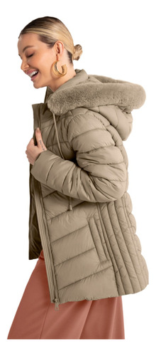 Jaqueta Puffer Alongada Com Forro Pelo Capuz Lunender 66293