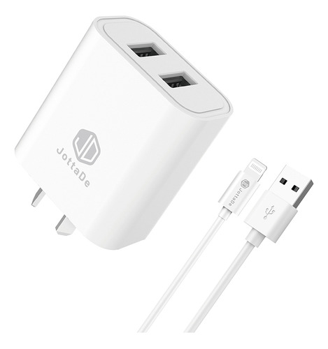 Cargador Rapido De Pared Jd T-24 Cable Usb Compatible iPhone 1.20 Mts 2.4a 12w Blanco