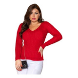 Blusa Tricot Feminina Suéter Decote V Trançada