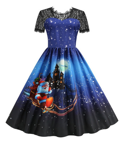 Vestido De Fiesta Midi Navideño De Manga Corta Con Encaje Pa