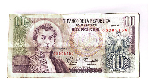 Billete 10 Pesos Oro Colombia - Serial Az - 7 Agosto 1980