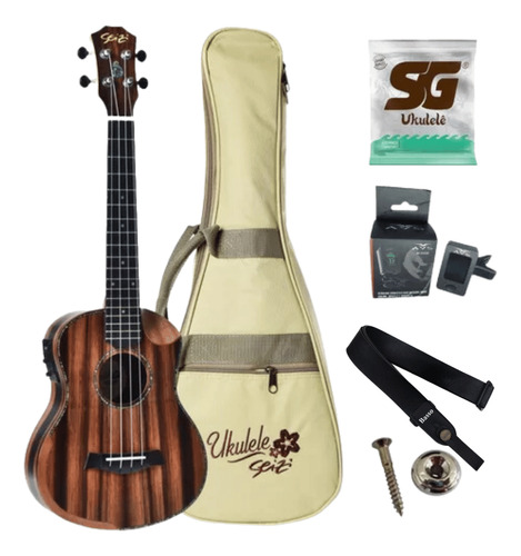 Ukulele Seizi Elétrico Tenor Bora Bora Crush Ebony + Kit