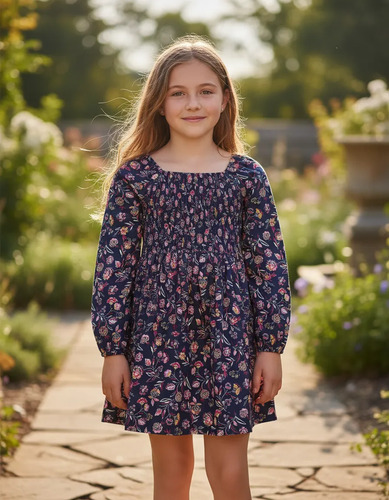 Vestido Floral Navy Para Niña Manga Larga Gap, Con Liguilla.