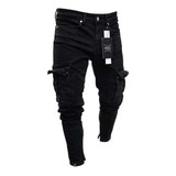 Pantalones Vaqueros Pitillo Rasgados Para Hombre Negro