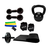 Kit Treino Roda Abdominal + Colchonete + Mini Bands + Pesos