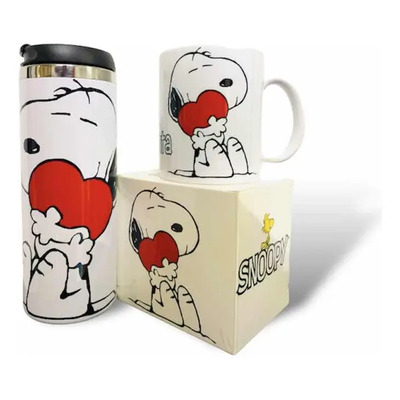 Taza Cerámica 11 oz + Termo 400 ml Snoopy Corazón Blanco | Envío gratis