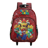 Mochila Escolar De Rodinhas 2 Bolsos Super Mario Infantil Cor Bordô