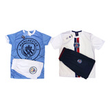 2 Conjuntos Infantil Psg + Manchester City Camisa E Bermuda