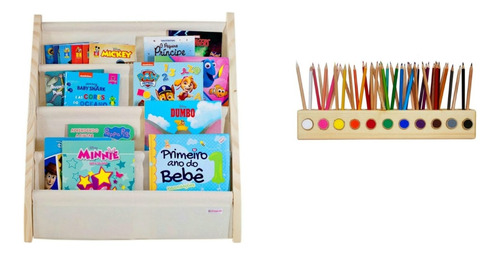 Kit Porta Lápis De Colorir + Rack Para Livros Infantil