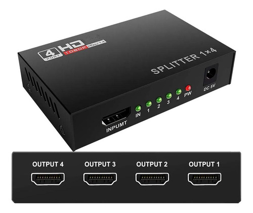 Divisor Splitter Hdmi 1x4 Preto 4k Ultra Hd 4 Telas