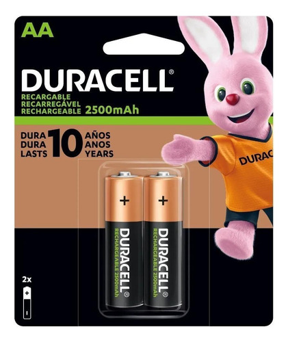 Pilha Recarregável Aa Pequena 2500 Mah Duracell Com 2 Unidad