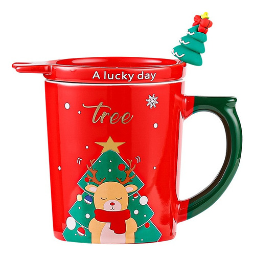 Taza Y Tapa De Cerámica C/cuchara De Navidad Navideña 380ml