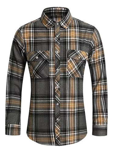 Camisa A Cuadros Para Hombre, Manga Larga, Doble Bolsillo, C