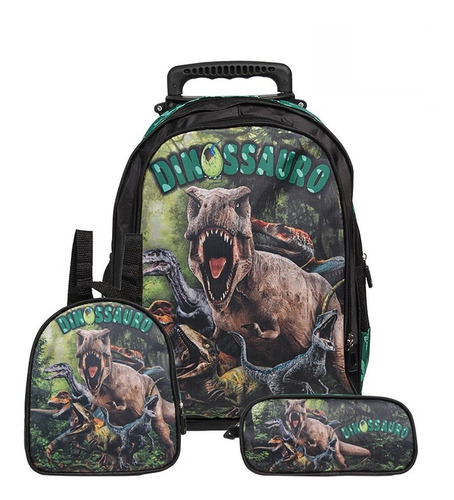 Mochila Escolar Dinossauro Rodinha Kit Lancheira+estojo