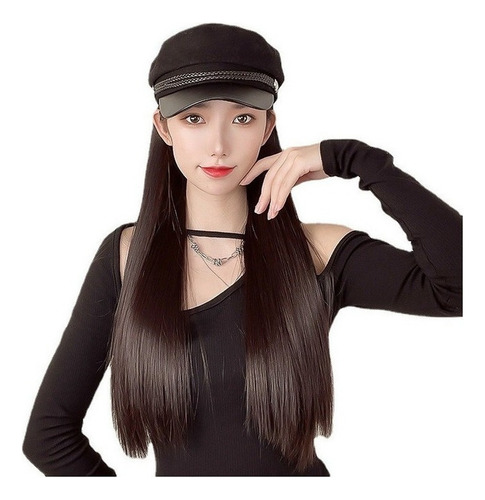 Peluca Negra Larga Recta For Mujer Con Gorra