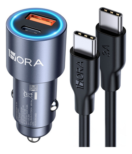 Carregador Veicular Carro 1hora 3a+cabo Usb Tipo C Azul