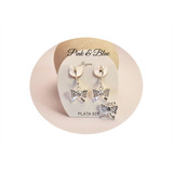 Kit Conjunto Plata 925 - Aros + Dije Moño Con Cubic Cristal