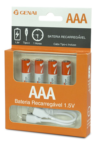 Kit 4 Pilhas Aaa Recarregável 750mwh Genai Tipo C 1.5v 5v