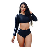 Biquíni Conjunto Top Cropped Manga Longa Ideal Para Esportes