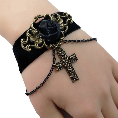 Pulsera Encaje Gótico Cruz Flor Negra Cadena Choker Mujer