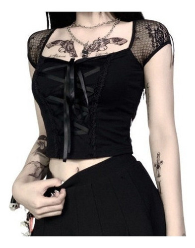 Camiseta De Encaje Negro For Mujer Goth Gothic Style