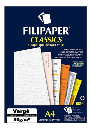 Papel Vergê Branco A4 210x297mm 90g/m² Filipaper 100 Folhas