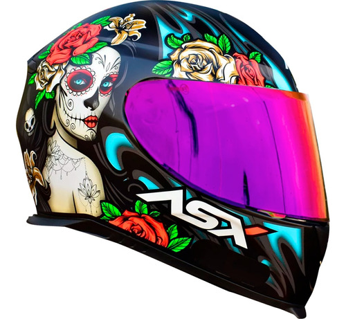 Capacete Asx Lady Catrina Caveira Preto + Viseira Fumê