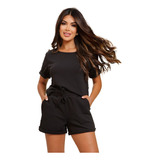 Conjunto Feminino Shorts E Blusa Manga Curta Malha Promoção 