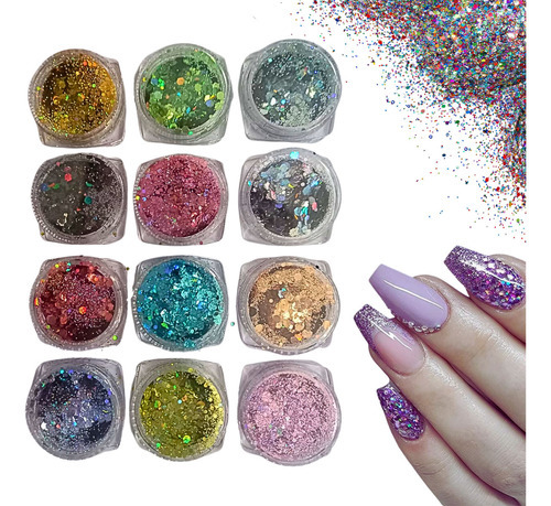 Glitter Para Unhas Flocado Purpurina Decoração Unha 12un Cor Sortida