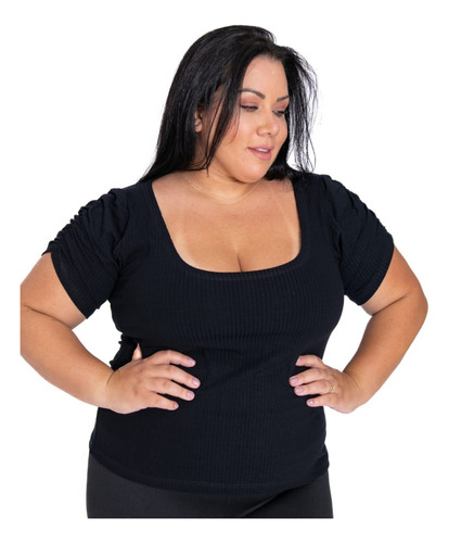 Blusinha Plus Size Manga Princesa Malha Canelada Cropped Top