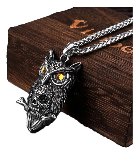 Collar Hombre Lujo Amuleto Búho Calavera Nórdico Caja Viking