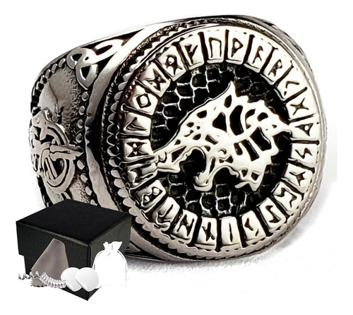 Combo Anillo Fenrir Lobo Vikingo Runas Acero Inoxidable