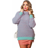 Blusa Tricot Trico Gola Colorida Inverno Feminina