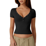 Women's Sexy Short Sleeve Henley T Shirts Double Lined
