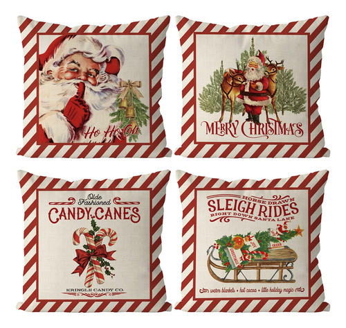 Juego De 4 Fundas De Almohada De Feliz Navidad, Bastones De.