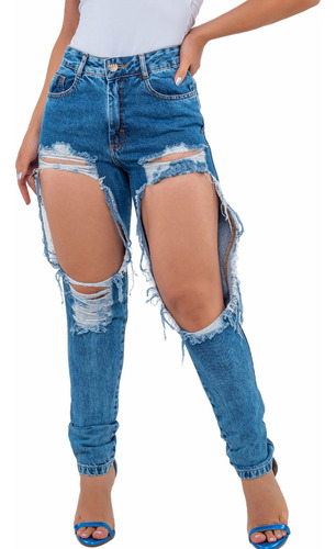 Calça Jeans Mom Rasgada Desfiada Cós Alto Destroyed