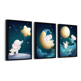 Kit 3 Quadros Elefante Coelho Estrela Céu Infantil 20x30 Cm