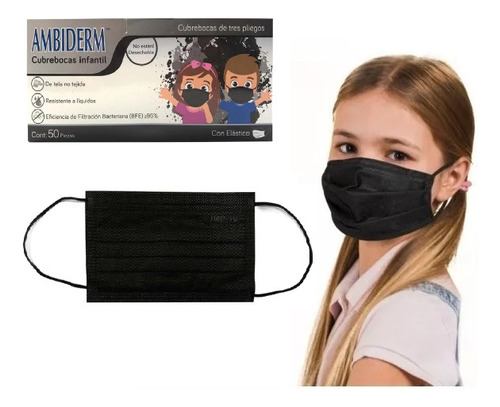 Cubre Boca Para Niños Negro Ambiderm Sin Diseños 50 Pz