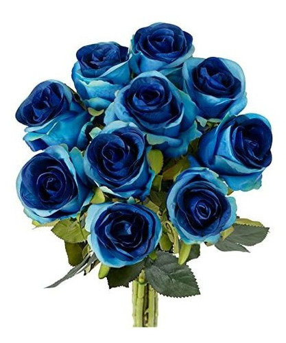 Rosas Artificiales De Seda Realistas 10u Azul Degrad Tallo 
