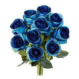 Rosas Artificiales De Seda Realistas 10u Azul Degrad Tallo 