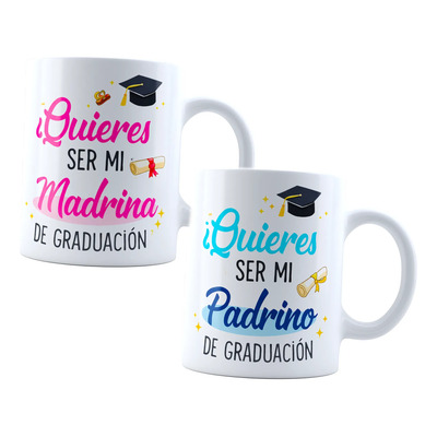 Paquete 2 Tazas Quieren Ser Mis Padrinos De Graduacion Ellos Blanco Padrinos