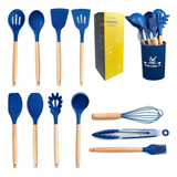 Set 12 Utensilios De Cocina Silicona Resistente Calor Azul