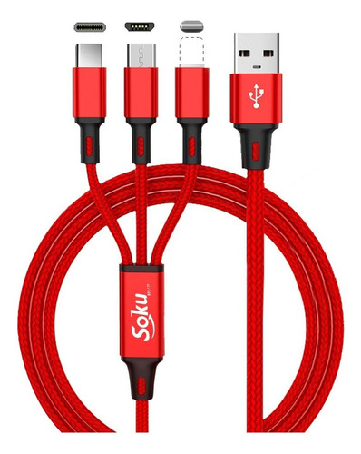 Cable Usb Tipo C/ Micro Usb/ 8 Pines 3 En 1 Datos Carga Color Rojo